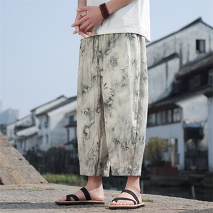 现货新中式休闲裤竹叶印花天丝裤子萝卜裤K213-P55控78图片