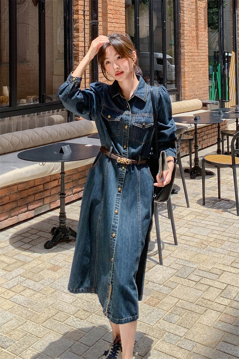 独特超好看长袖牛仔连衣裙女早秋2025新款收腰显瘦气质减龄衬衫裙,女装连衣裙,秋水欣儿