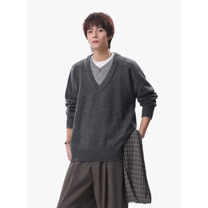 1303B-MY826-P5598重磅老钱风V领毛衣假两件毛衣男女针织衫