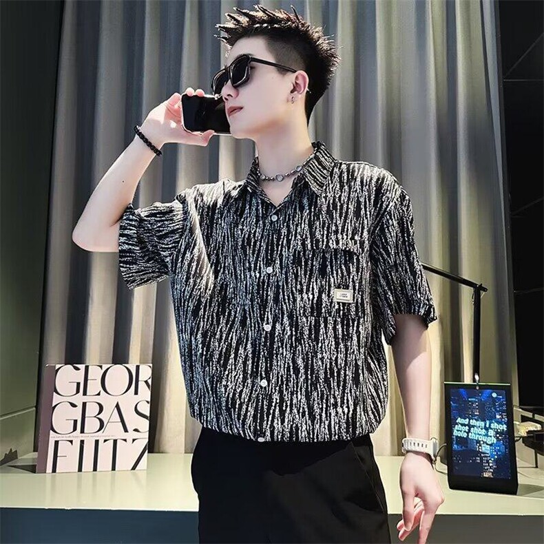M625-P35复古衬衫夏装港风宽松趣味新款男装上衣,男装衬衫,星座617A-1（原B318A）
