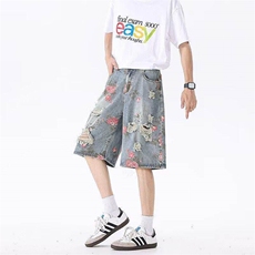 花卉破洞牛仔短裤男夏季小众设计感裤子美式高街五分裤L55222-P45，男装牛仔裤，星座1008