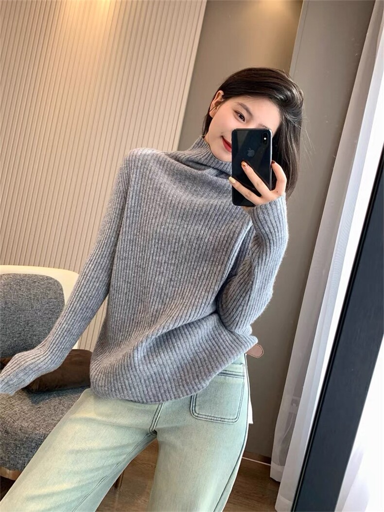 时尚女士秋冬彩点一线宽抽条高翻领羊毛衫显瘦百搭保暖针织衫,女装羊毛衫,牧思羊