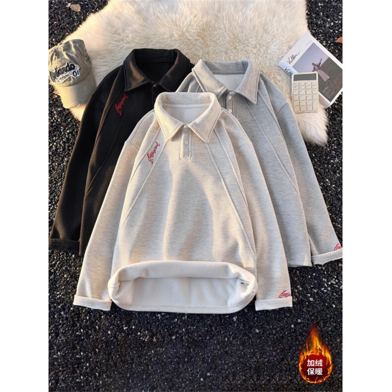 新款华夫格加绒绣花POLO衫，A061-AT01839JR-特P45-平铺图，男装Polo衫，电商A061