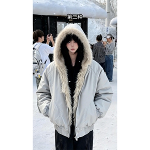 现货高品质美式高街冬季重磅硬挺短款座山雕毛领棉衣男女加厚外套图片