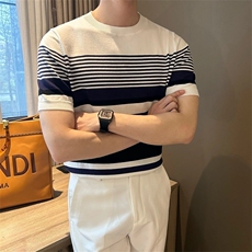 夏季短袖t恤男士2025新款针织衫潮牌青少年圆领条纹帅气上衣服ins，男装T恤，星座506A