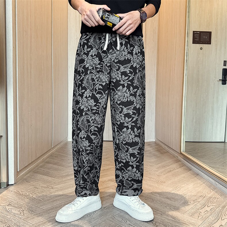风设计男女同款早秋复古提花宽松直筒休闲裤洋气阔腿长裤Y206,男装休闲裤,电商A368