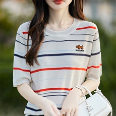 夏季新款女士简约时尚舒适天丝刺绣短袖，女装T恤，斯美雅电商供货