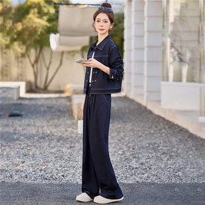 （新款现货）2026春装时尚休闲拉链天丝牛仔阔腿裤套装（两件套）图片