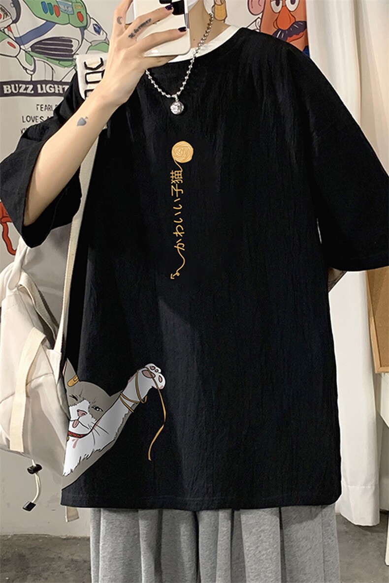 YT26013-P30亚麻短袖t恤男大码五分袖男宽松七分袖海报风,男装T恤,电商A040