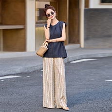 2025简约圆领无袖背心女收腰显瘦气质百搭中长款波西米亚裤子麻料，女装套装/套裙，跑量工厂店