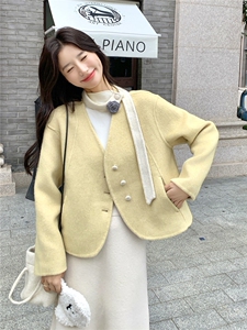 黄色V领飘带双面呢羊毛外套女秋冬2025新款高级感爆款小个子大衣图片