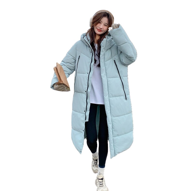 韩版保暖长款蓝色连帽棉服女2025年冬季新款显瘦加厚过膝棉衣棉袄,女装棉衣/棉服,2D148