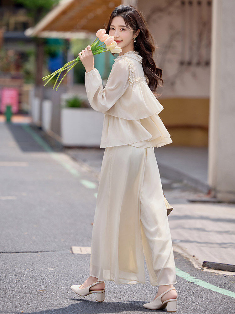 法式温柔风气质套装女2026夏季新款轻薄长袖防晒衬衫阔腿裤两件套,女装套装/套裙,水衣源