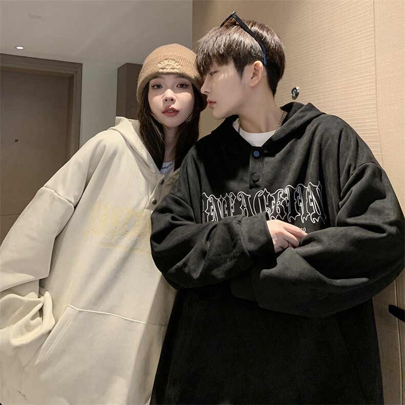 EQ177 麂皮绒哥特文油墨印花连帽套头卫衣男女春季情侣装外套P68图片