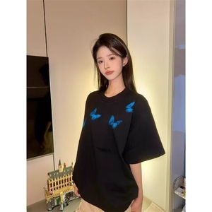 cleanfit蝴蝶印花t恤男夏季潮牌重磅短袖美式高街小领口情侣半袖图片