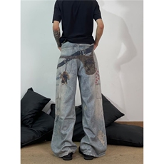 美式高街复古牛仔裤男女链条做旧泼墨宽松直筒长裤N7880-P55，男装牛仔裤，星座208-5