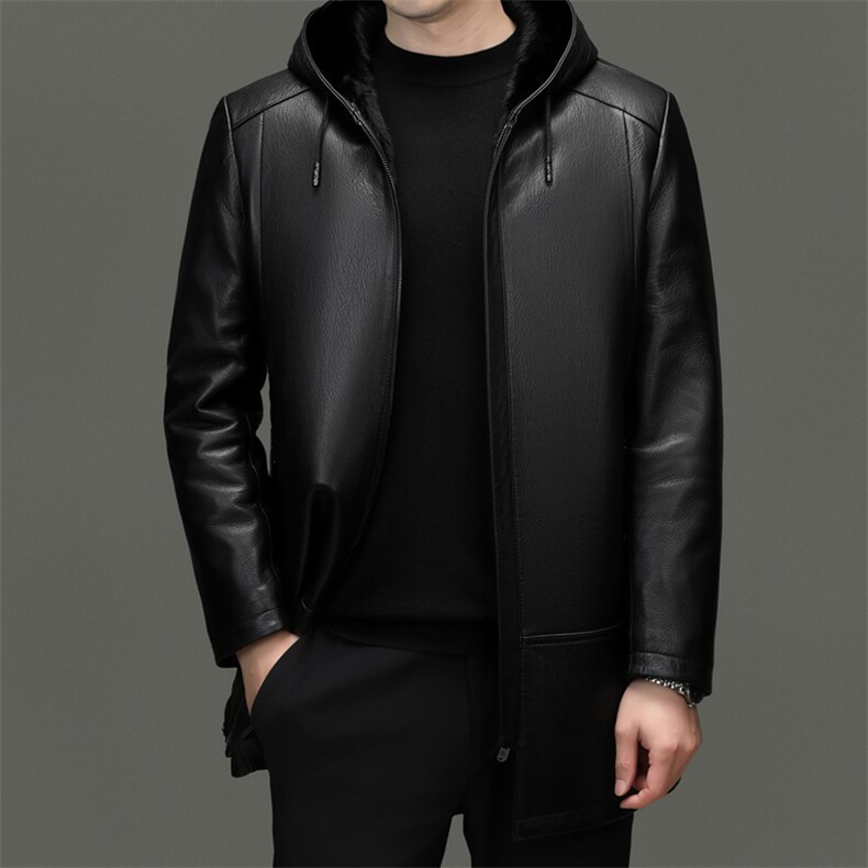 BG81008冬季新款海宁真皮皮衣男中长款貂皮大衣水貂内胆连帽男装，男装皮衣，电商B360
