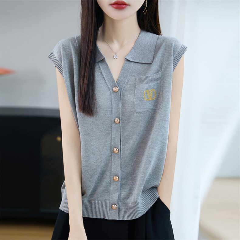 刺绣无袖开衫背心女夏季2025新款打底衫洋气大码女装冰丝针织上衣,女装T恤,昭美羊绒