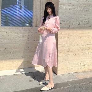现货2024年春季女时尚潮流气质修身复古蝴蝶扣网红假两件连衣裙图片