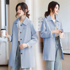 爆【现货】纯棉中长款风衣外套女春秋长袖单排扣风衣，女装风衣，鑫源服饰