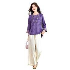 现货！春季新款新中式洋气套装百搭款圆领上衣+裤子两件套装女，女装套装/套裙，宝儿家