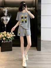 韩版休闲时尚套装女夏款个性简约圆领印花刺绣上衣阔腿短裤两件套，女装套装/套裙，江南