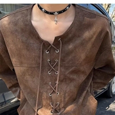 美式复古棕色抽绳对襟皮衣外套男春秋季夹克小众痞帅上衣服，男装夹克，星座506A