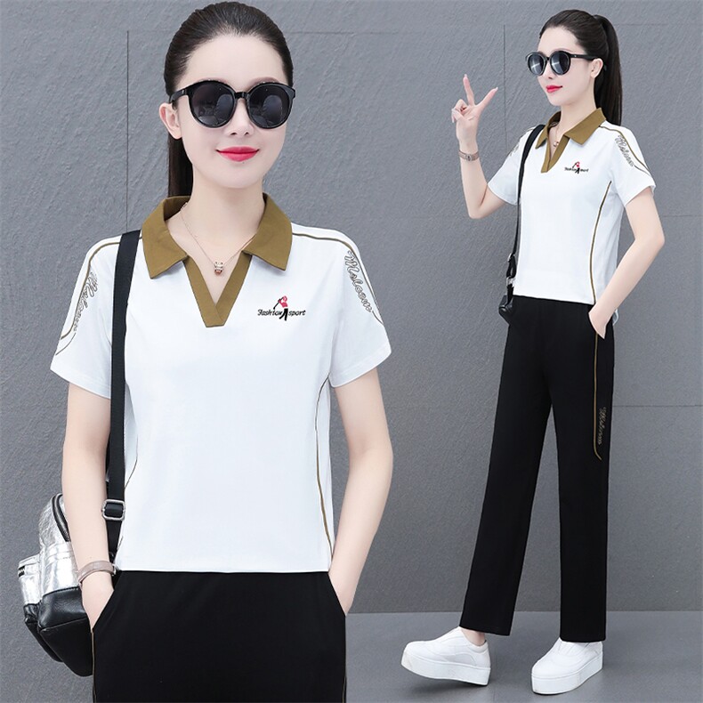 短袖运动套装女2023年夏季新款妈妈装大码休闲时尚宽松洋气两件套,女装套装/套裙,燕颉服饰