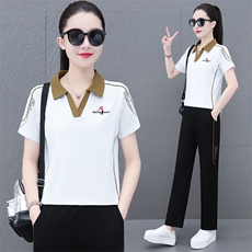 短袖运动套装女2023年夏季新款妈妈装大码休闲时尚宽松洋气两件套，女装套装/套裙，燕颉服饰