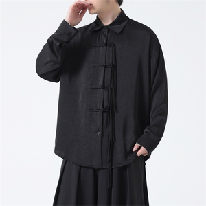 C8606P65无影墻冰丝新中式风暗黑风唐装汉服盘扣衬衫情侣,职业装服装搭配图片女士图片