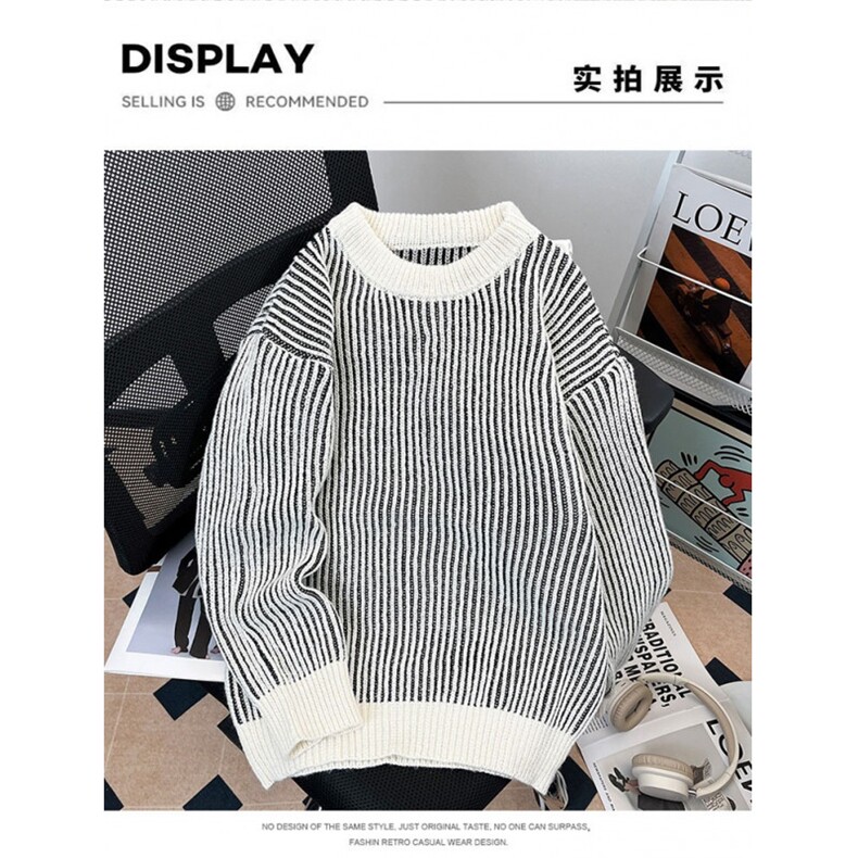 WHXS新款日系秋冬条纹毛衣圆领毛衫百搭慵懒风宽松情侣落肩针织衫,男装针织衫/毛衣,星座506A