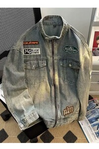 美式复古水洗牛仔外套男秋新款宽松休闲青少年立领机车夹克-网图图片