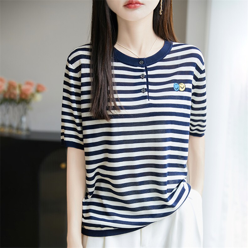 2025夏季薄款短袖T恤女设计感条纹休闲拼色正肩半袖t恤减龄上衣新，女装针织衫/毛衣，郡淞羊绒