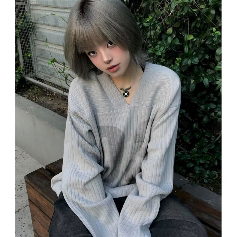 D070-P63数字印花V领针织衫男女2025秋冬美式复古宽松休闲,男装针织衫/毛衣,电商B323A