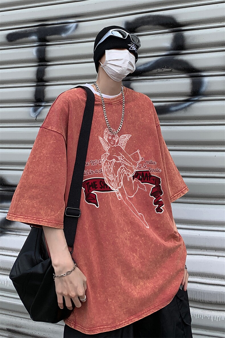 B239-X1025-P38美式字母天使做旧水洗短袖落肩袖短袖T恤男,男装T恤,星座514-2(原B239)