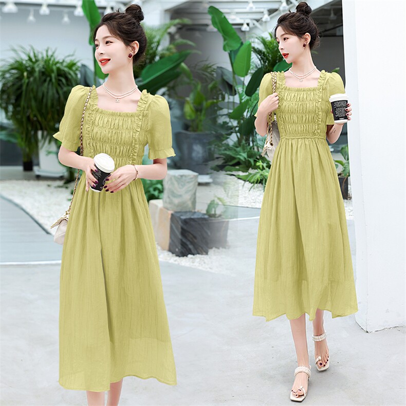 夏季小个子气质显瘦连衣裙2023新款女法式泡泡袖温柔风茶歇长裙子，女装连衣裙，时尚俏佳人