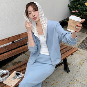 高级感运动风穿搭蕾丝拼接蓝色连帽卫衣套装女初春秋阔腿裤两件套图片
