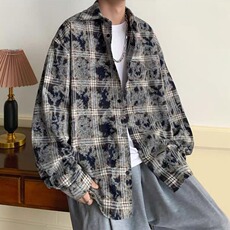2025年男夏季长袖宽松型扎染格子衬衫CSA368-P45，男装衬衫，星座208-5