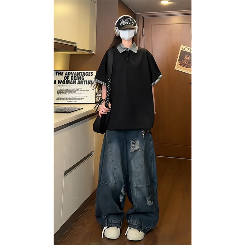 学院风极简撞色格纹设计感休闲Polo宽松小众短袖上衣HY732P45控68图片