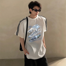 抖音得物高品质二开240克宽松纯棉美式潮牌三条杠织带短袖T恤，男装T恤，电商A486-1