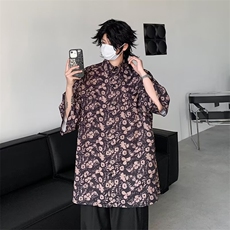 复古冰丝碎花衬衫男生短袖垂感痞帅宽松古着衬衣外套C47，男装衬衫，星座1116A-1（原606A）