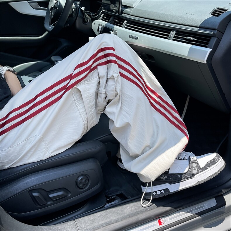 港风夏款男款工装裤大口袋三条杠条纹抽绳阔腿长裤h49P48,男装工装外套,星座1013-1
