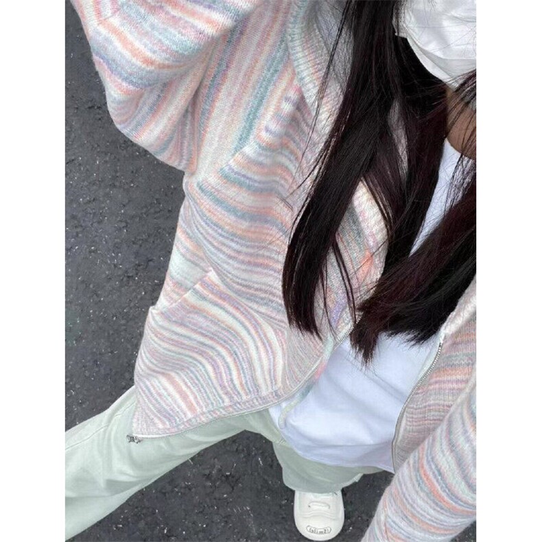 彩虹条纹2024新款女连帽针织开衫外套春秋宽松慵懒风秋冬毛衣，男装针织衫/毛衣，星座506A