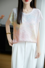 法式印花冰麻针织短袖T恤女2025夏薄透气宽松显瘦上衣小飞袖t恤衫，女装针织衫/毛衣，郡淞羊绒
