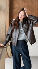 复古日系咖色翻领皮衣外套女2025秋季高级感流行爆款酷飒pu皮夹克，女装皮衣，2C258