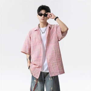 格纹泡泡纱短袖衬衫男 XH112-特p35图片