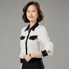 时尚都市女性必备优雅真丝衬衫简约黑白拼接设计显瘦百搭长袖上衣，女装衬衫，宋氏羊绒