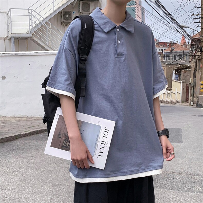 新款假两件短袖t恤男潮牌宽松夏Polo衫ins港风情侣上衣T561-P30,男装T恤,星座512-2