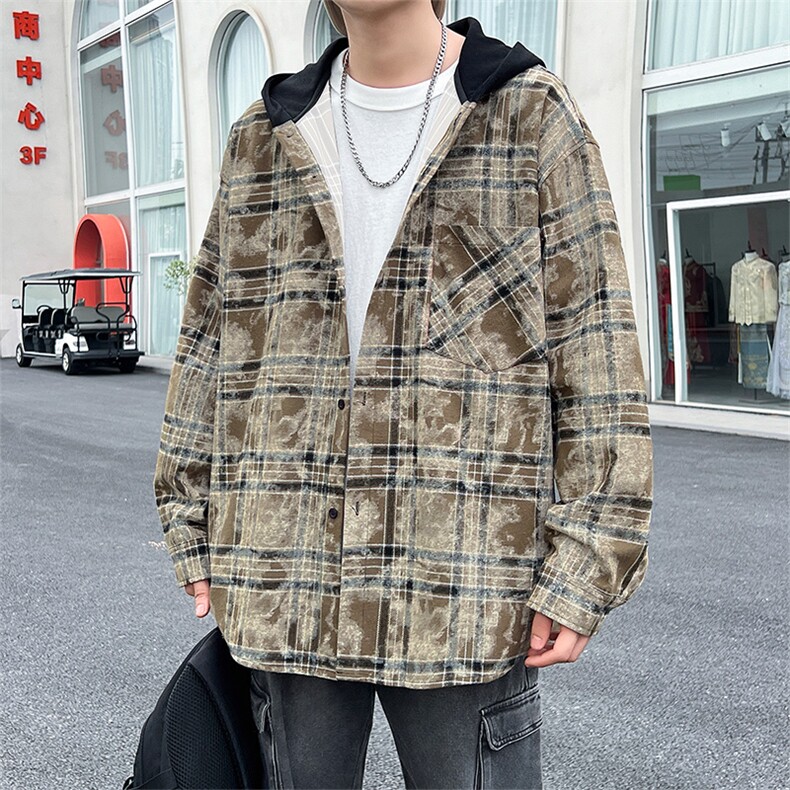 C877-P55 M-6XL秋季新款大码美式复古宽松连帽衬衫外套图片