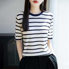 轻奢高级风！桑蚕丝撞色条纹圆领针织短袖T恤女，女装针织衫/毛衣，暖烁羊绒